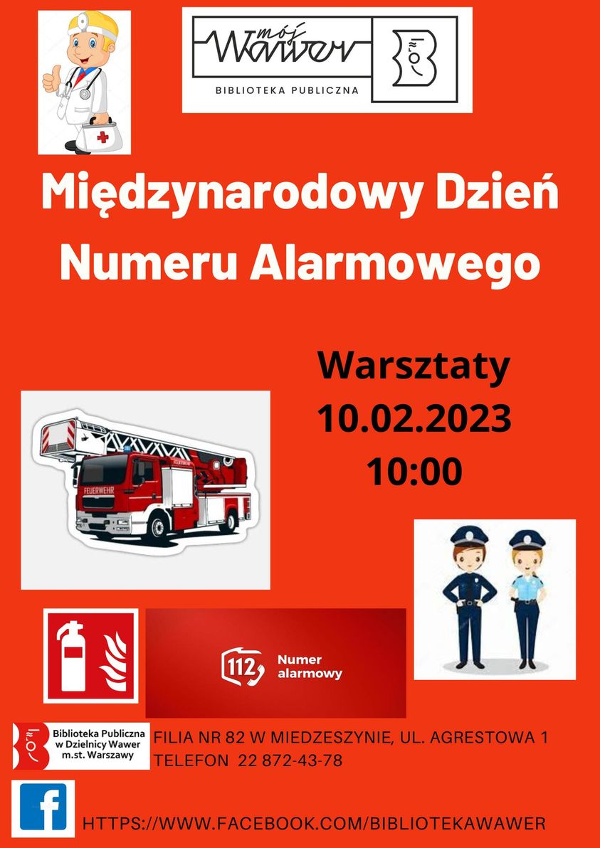 wóz strażacki i policjanci jako element dekoracyjny informujący o międzynarodowym dniu numeru alarmowego