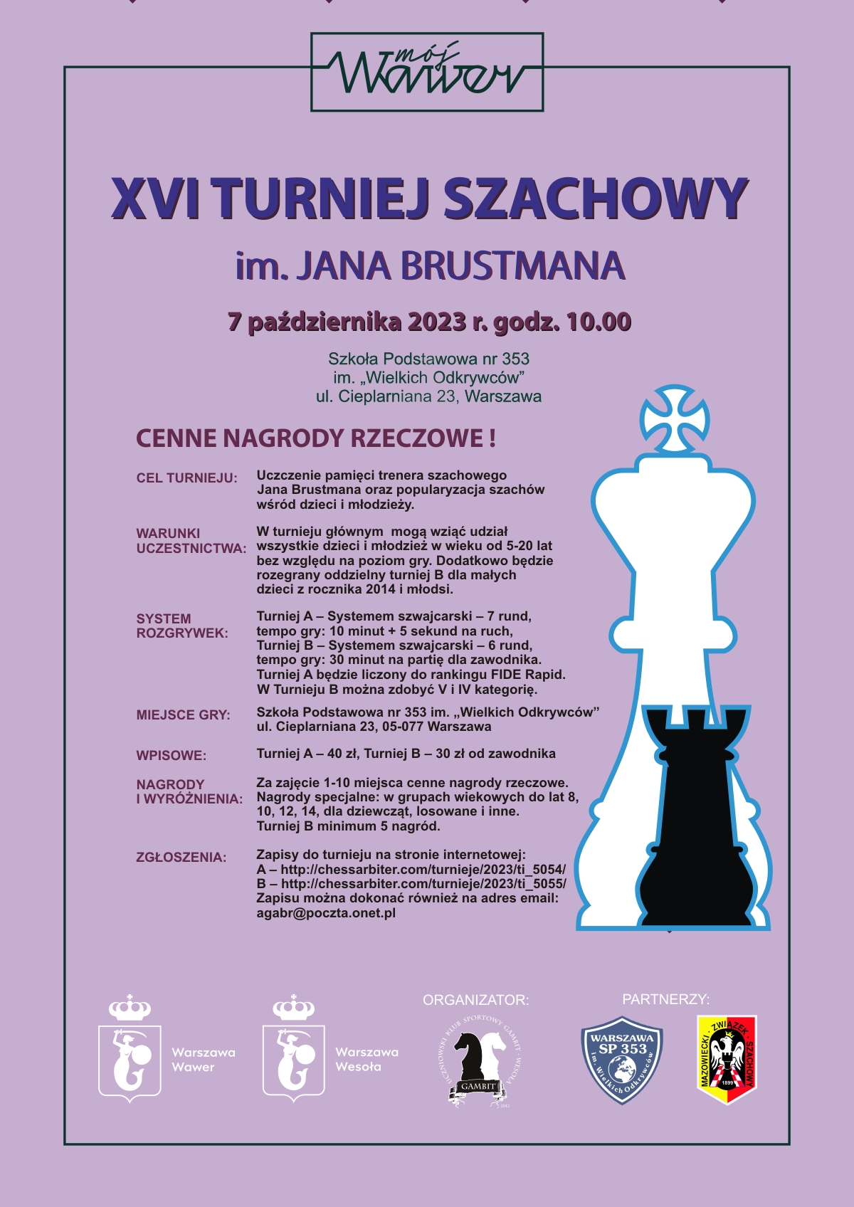 fioletowy plakat z dwoma figurami szachowymi, białym królem i czarną wieżą