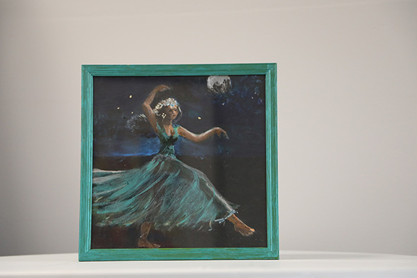 Obraz numer 50. Joanna Samborska. Noc Kupały. Akryl na panelu. Rozmiar 25 x 25 cm. Ramka ze szkłem, zielona, drewniana.